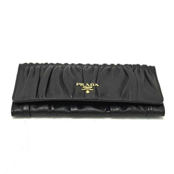 PRADA 1M1132 Logo Gather Two fold Long Wallet Leather Black - Picture 3 of 16